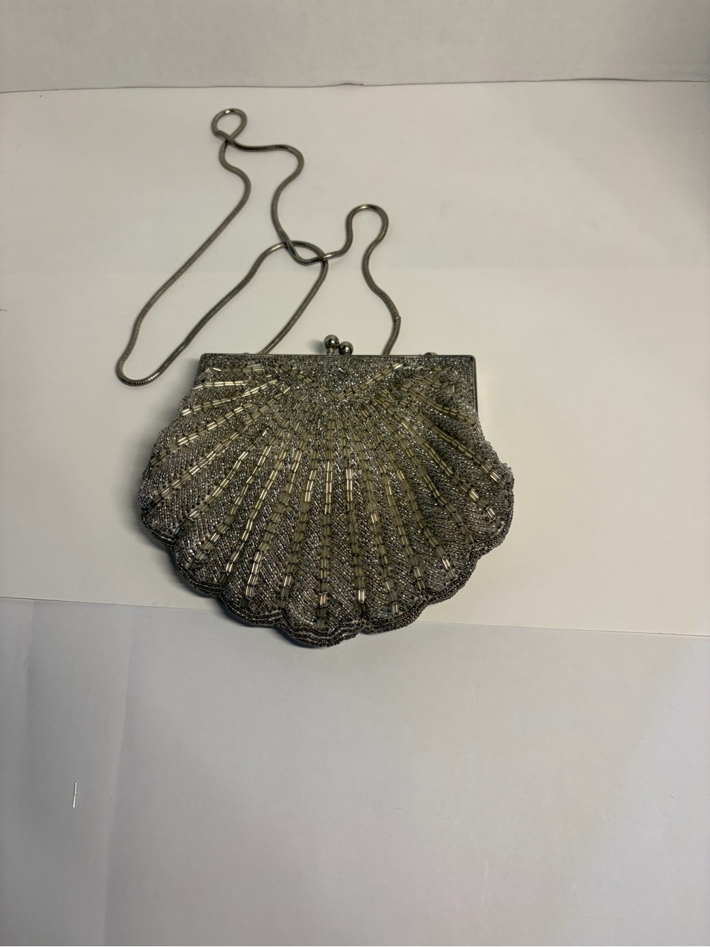 Vintage Saks Fifth Avenue Walborg Silver Beaded Clamshell evening bag